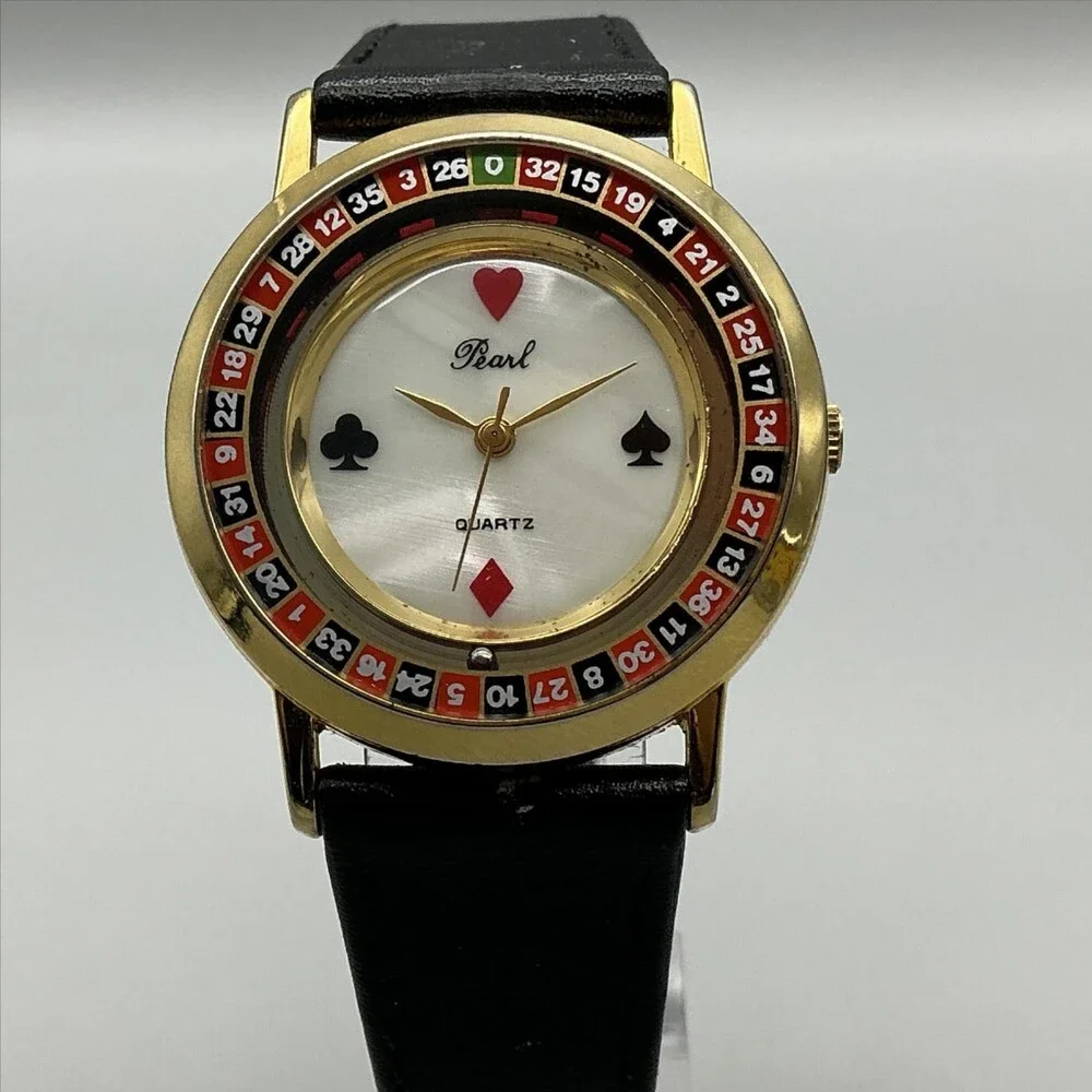 Vintage Pearl Unisex Watch 33mm MOP Casino Roulette Bezel Leather New Battery